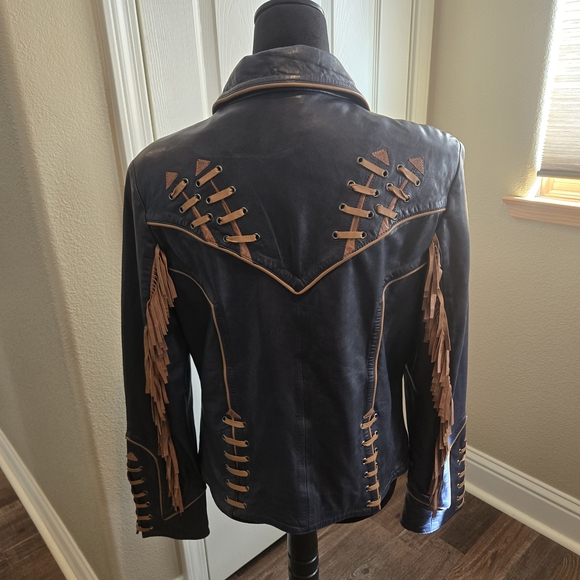 Like New ! Double D Ranch NAVY Blue Leather Jacket - Picture 2 of 9
